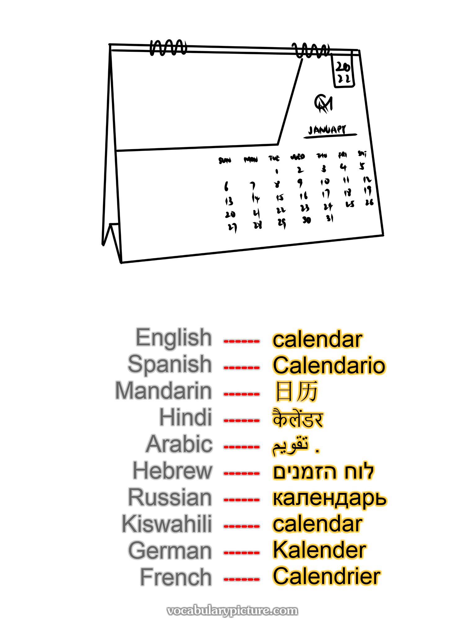 calendar Calendario 日历 कैलेंडर تقويم . לוח הזמנים календарь calendar Kalender Calendrier —vocabulary with picture on vocabularypicture.com