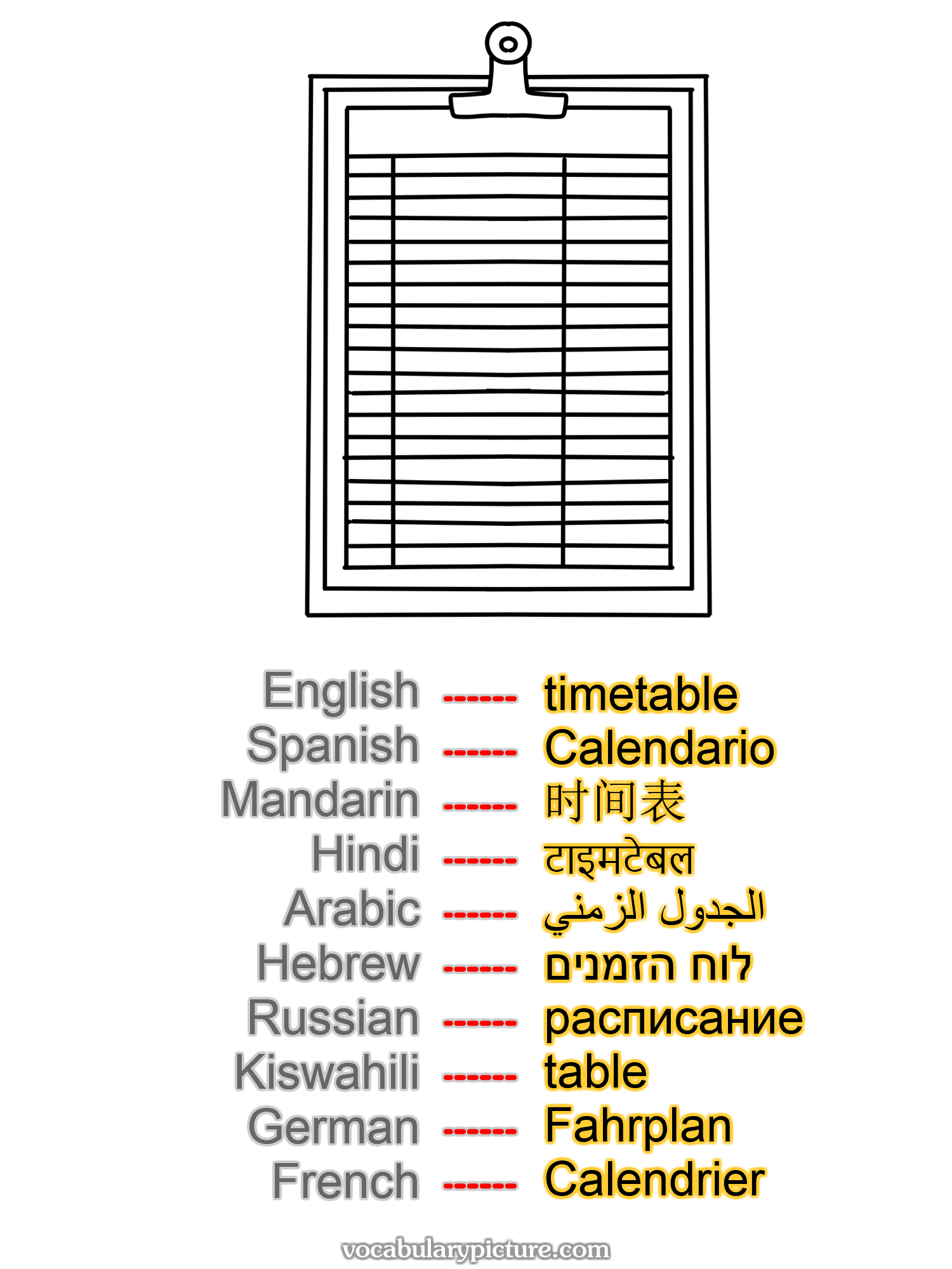 timetable Calendario 时间表 टाइमटेबल الجدول الزمني לוח הזמנים расписание table Fahrplan Calendrier —vocabulary with picture on vocabularypicture.com