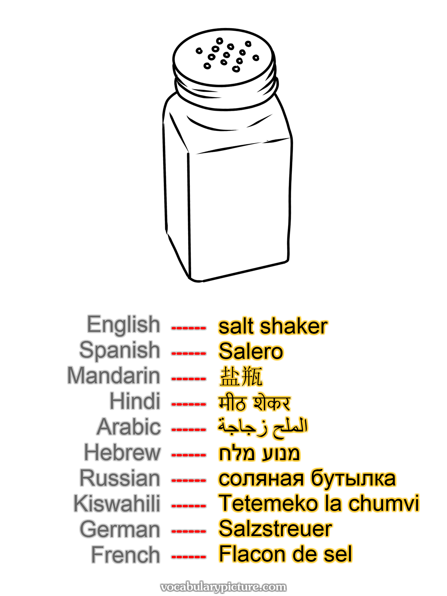 salt shaker Salero 盐瓶 मीठ शेकर الملح زجاجة מנוע מלח соляная бутылка Tetemeko la chumvi Salzstreuer Flacon de sel —vocabulary with picture on vocabularypicture.com