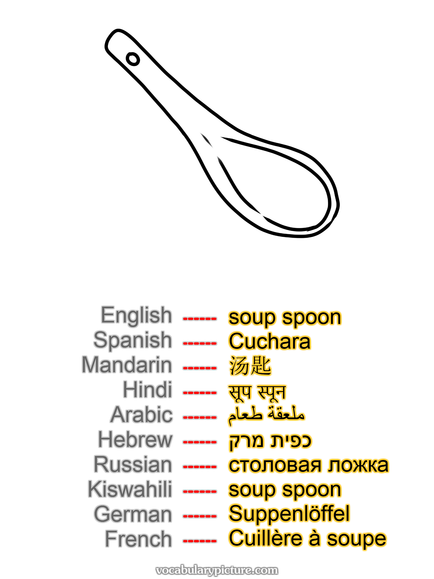 soup spoon Cuchara 汤匙 सूप स्पून ملعقة طعام כפית מרק столовая ложка soup spoon Suppenlöffel Cuillère à soupe —vocabulary with picture on vocabularypicture.com