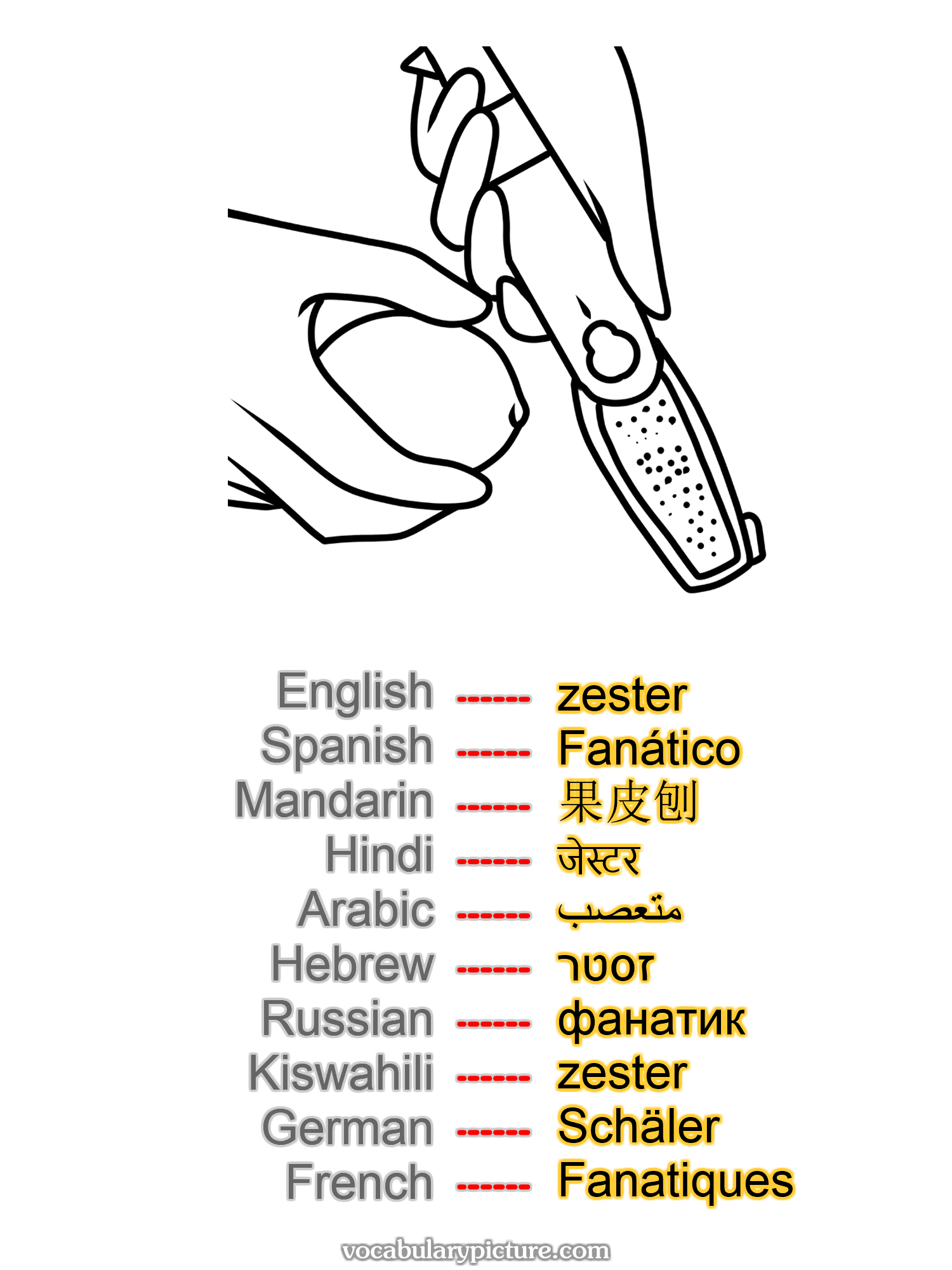 zester Fanático 果皮刨 जेस्टर متعصب זסטר фанатик zester Schäler Fanatiques —vocabulary with picture on vocabularypicture.com