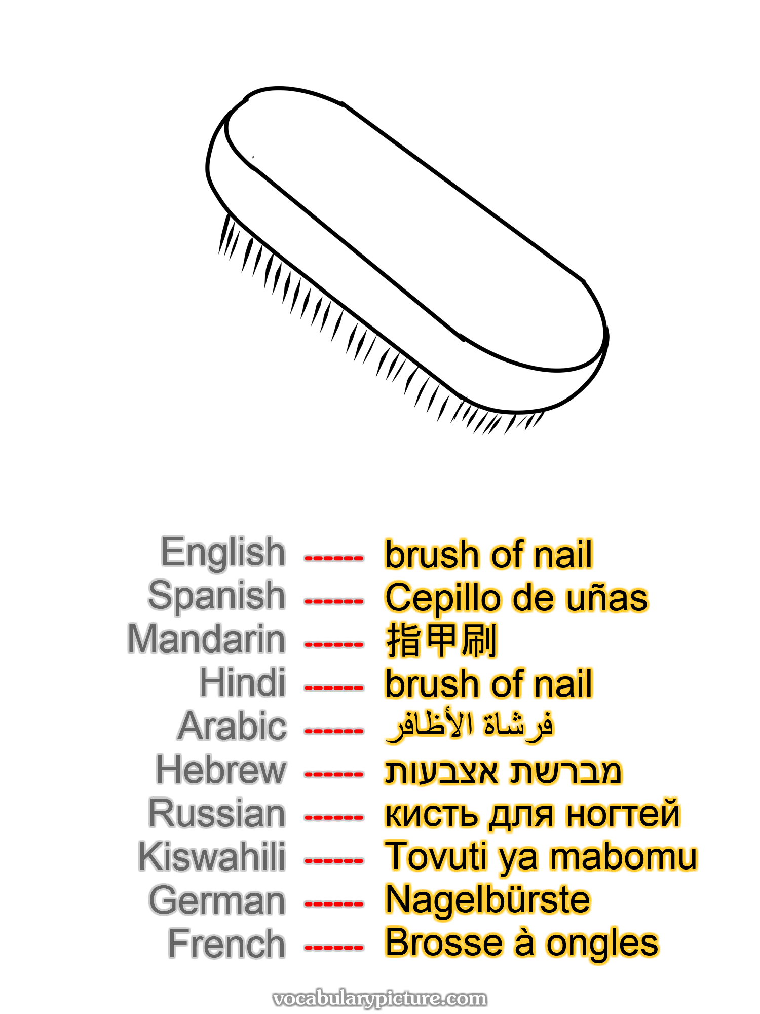 brush of nail Cepillo de uñas 指甲刷 brush of nail فرشاة الأظافر מברשת אצבעות кисть для ногтей Tovuti ya mabomu Nagelbürste Brosse à ongles —vocabulary with picture on vocabularypicture.com