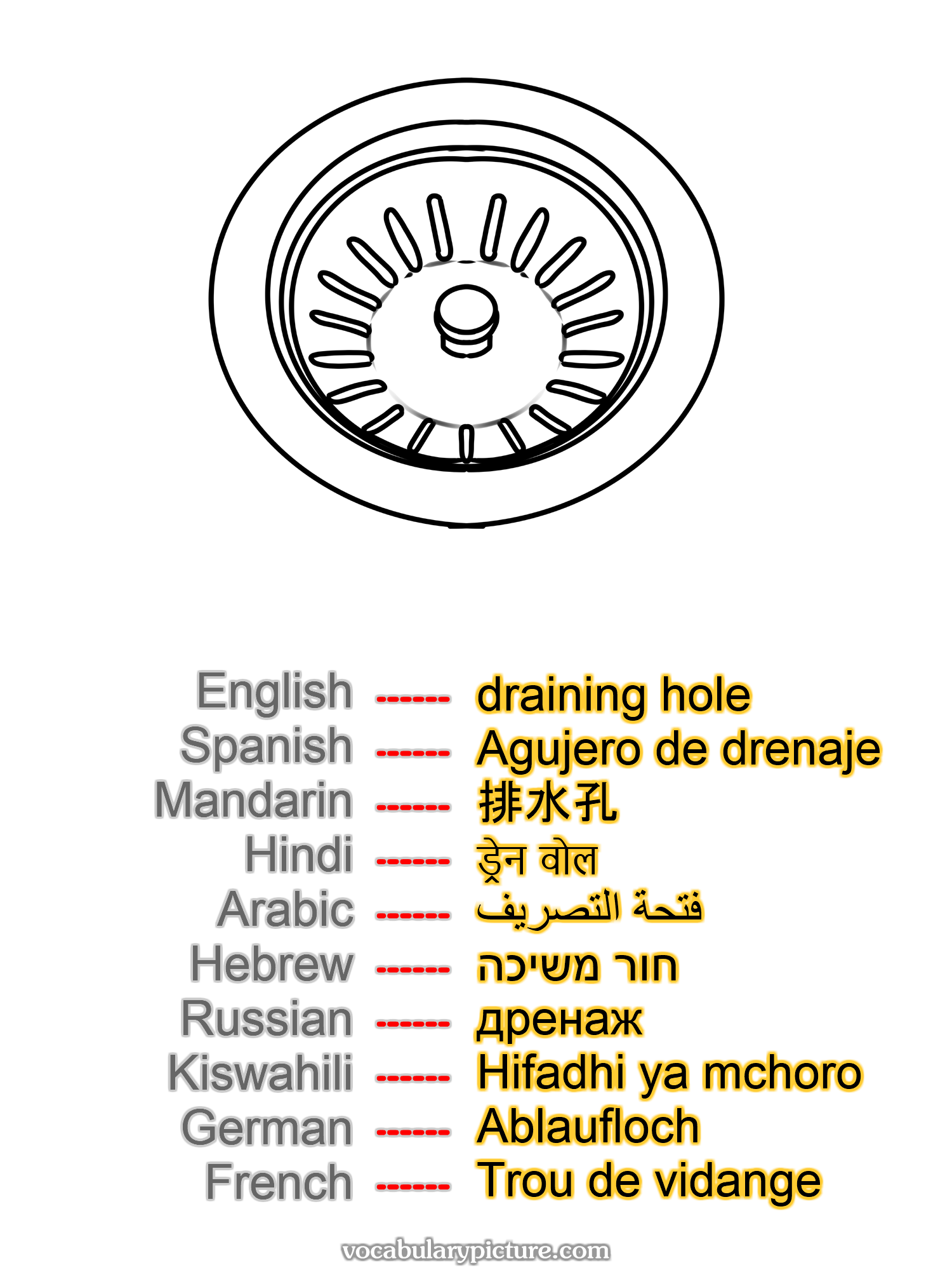 draining hole Agujero de drenaje 排水孔 ड्रेन वोल فتحة التصريف חור משיכה дренаж Hifadhi ya mchoro Ablaufloch Trou de vidange —vocabulary with picture on vocabularypicture.com