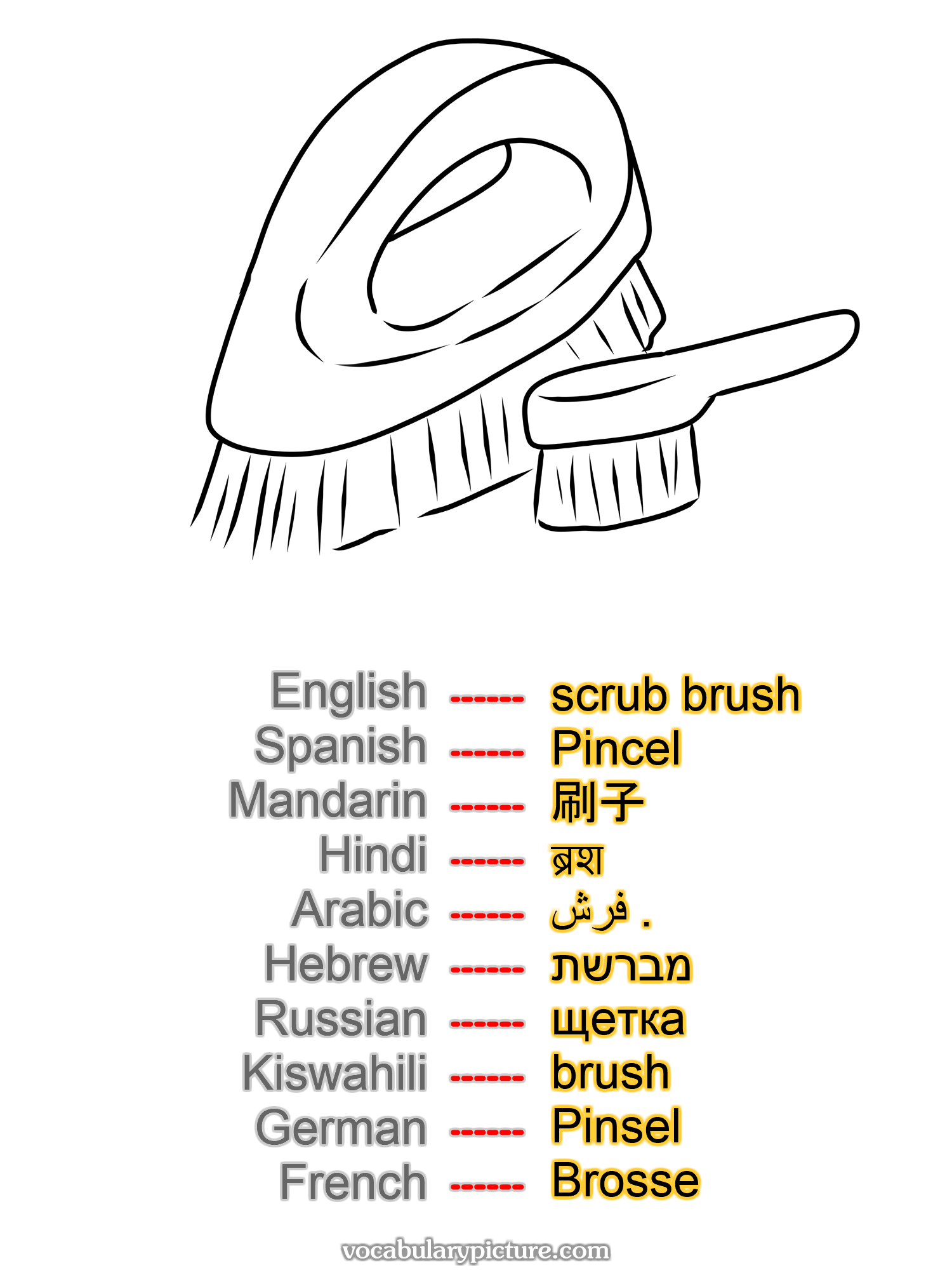 scrub brush Pincel 刷子 ब्रश فرش . מברשת щетка brush Pinsel Brosse —vocabulary with picture on vocabularypicture.com