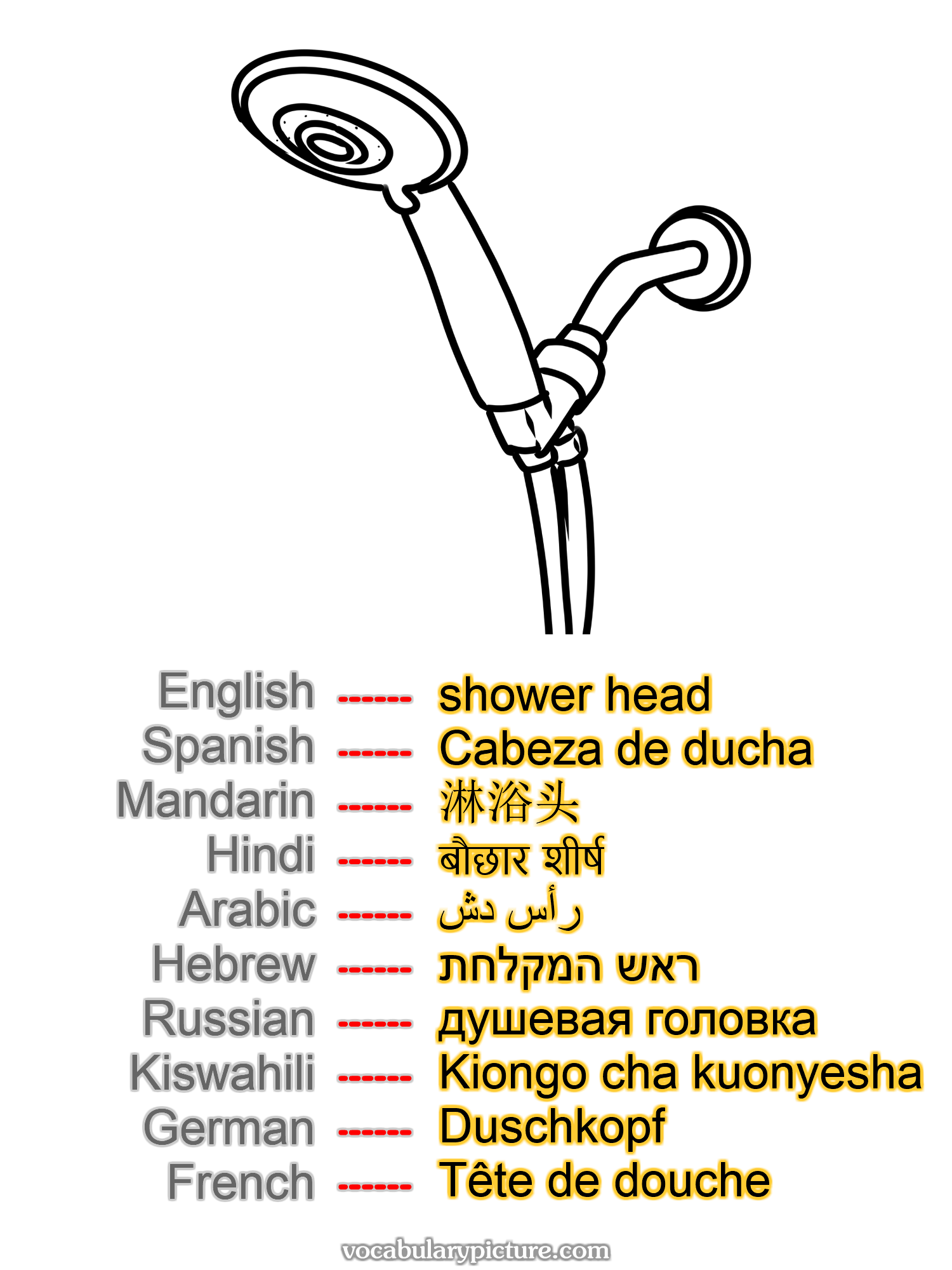 shower head Cabeza de ducha 淋浴头 बौछार शीर्ष رأس دش ראש המקלחת душевая головка Kiongo cha kuonyesha Duschkopf Tête de douche —vocabulary with picture on vocabularypicture.com