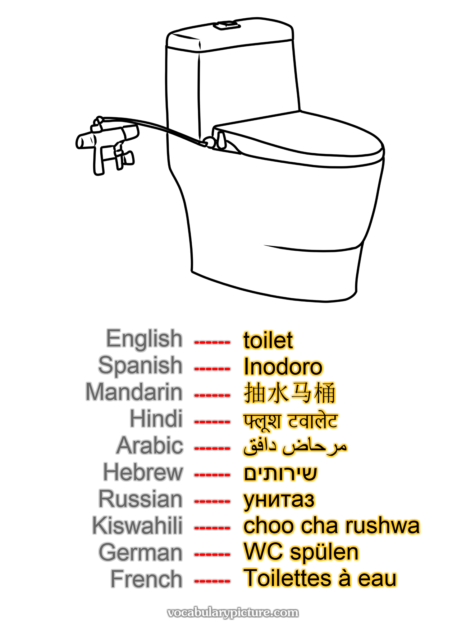 toilet Inodoro 抽水马桶 फ्लूश टवालेट مرحاض دافق שירותים унитаз choo cha rushwa WC spülen Toilettes à eau —vocabulary with picture on vocabularypicture.com