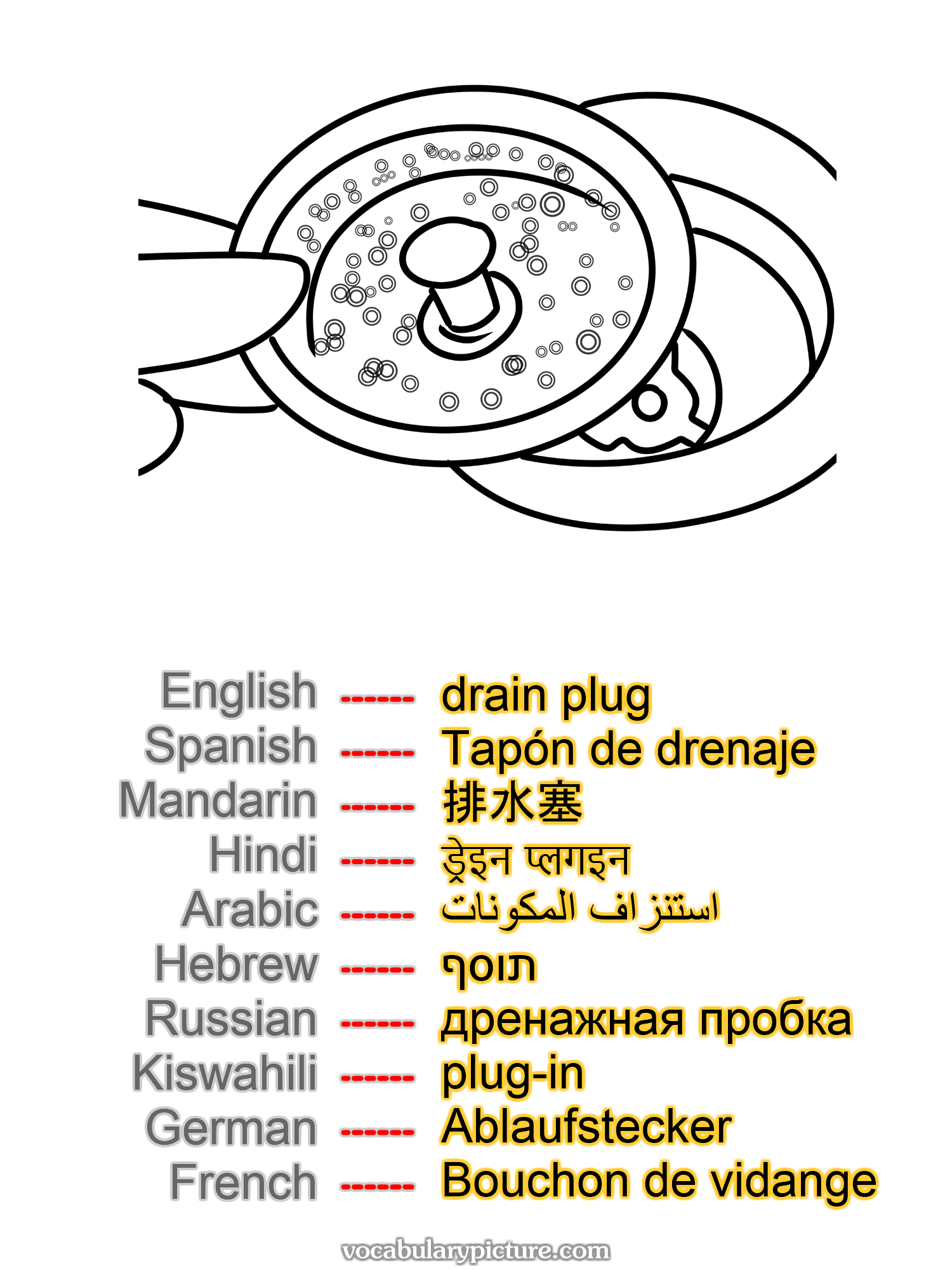 drain plug Tapón de drenaje 排水塞 ड्रेइन प्लगइन استنزاف المكونات תוסף дренажная пробка plug-in Ablaufstecker Bouchon de vidange —vocabulary with picture on vocabularypicture.com